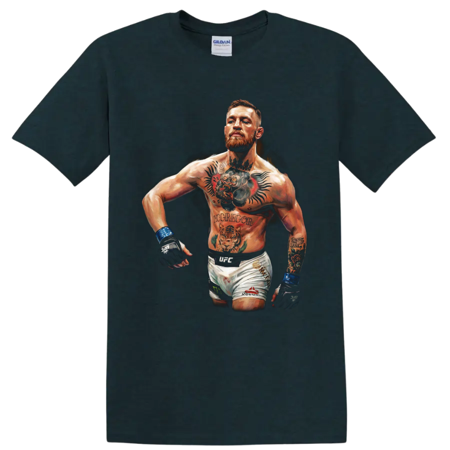Conor McGregor tattooed MMA fighter portrait in dramatic painted illustration style on a Midnight (Green) T Shirt