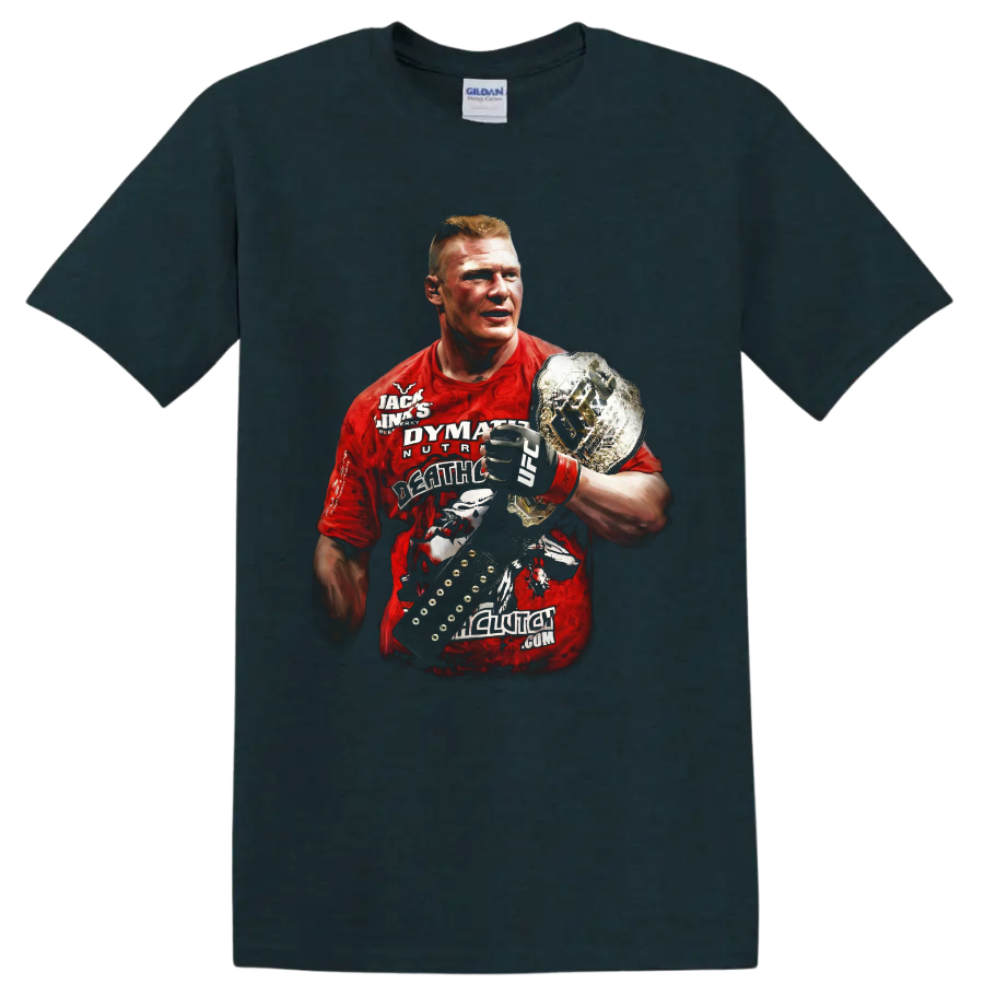 Brock Lesnar portrait with MMA glove and championship belt in dramatic graphic style on a Midnight (Green) T Shirt