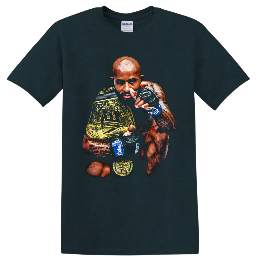 Demetrious Johnson painterly MMA portrait holding gold championship belts on a Midnight (Green) T Shirt