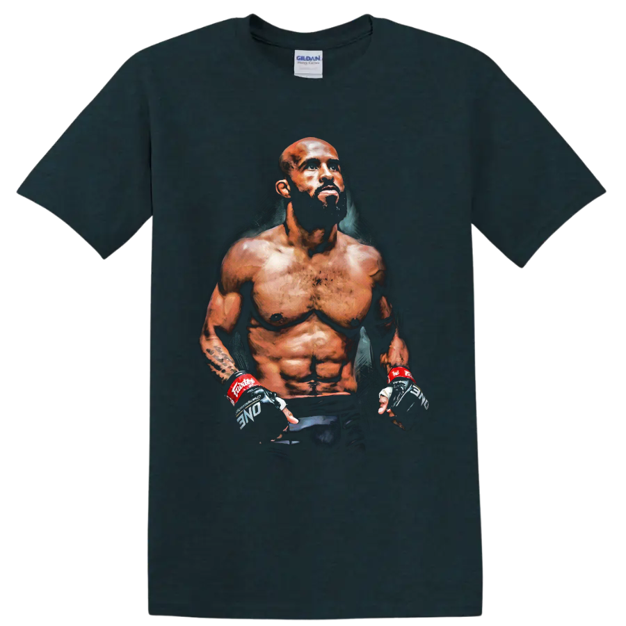 Demetrious Johnson painterly MMA fighter portrait with training gloves on a Midnight (Green) T Shirt
