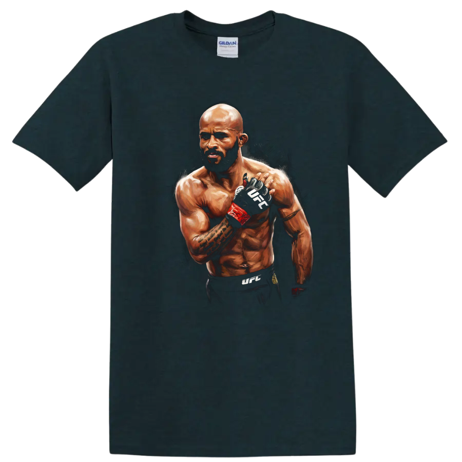 Painted portrait of Demetrious Johnson in MMA gloves with red wraps on a Midnight (Green) T Shirt