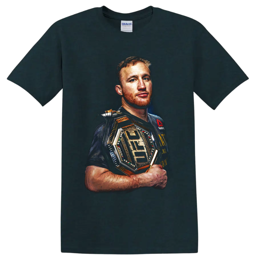Justin Gaethje painterly MMA portrait holding a gold-toned championship belt on a Midnight (Green) T Shirt