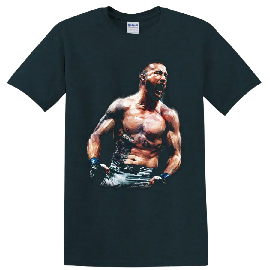 Conor McGregor roaring MMA fighter portrait in dramatic painterly action art on a Midnight (Green) T Shirt