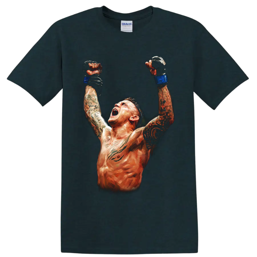 Dustin Poirier painterly MMA victory portrait with raised blue-gloved fists on a Midnight (Green) T Shirt
