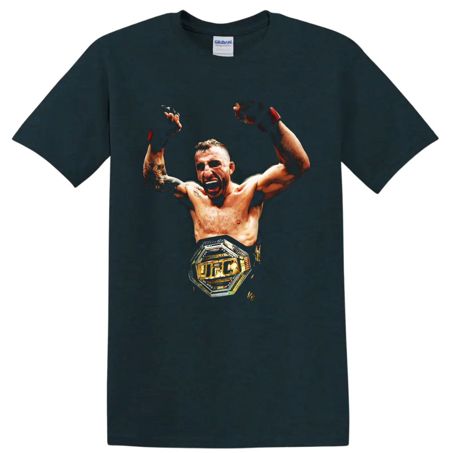 Alexander Volkanovski victory portrait with raised gloves and UFC championship belt on a Midnight (Green) T Shirt