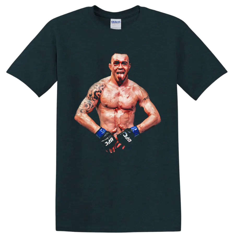 Erwin Smith MMA fighter in a bloodied painterly combat portrait with blue wrist wraps on a Midnight (Green) T Shirt