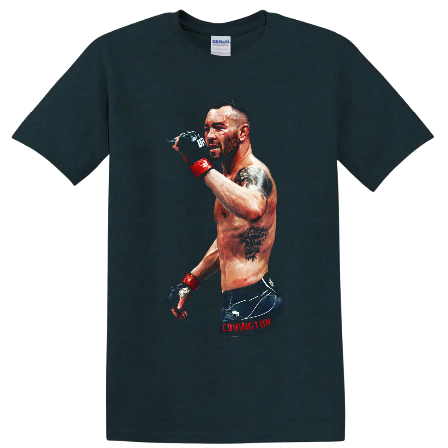 Painted portrait of Colby Covington in MMA gloves and fight shorts on a Midnight (Green) T Shirt