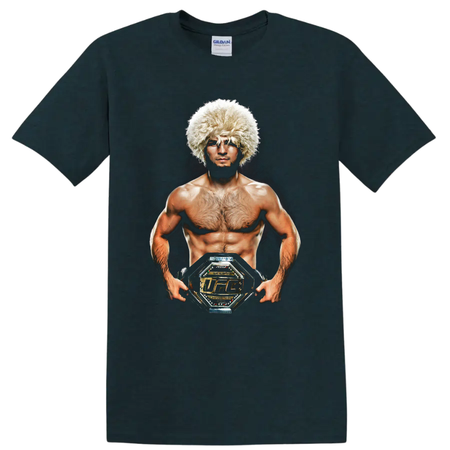 Khabib Nurmagomedov realistic portrait wearing a papakha and holding a championship belt on a Midnight (Green) T Shirt