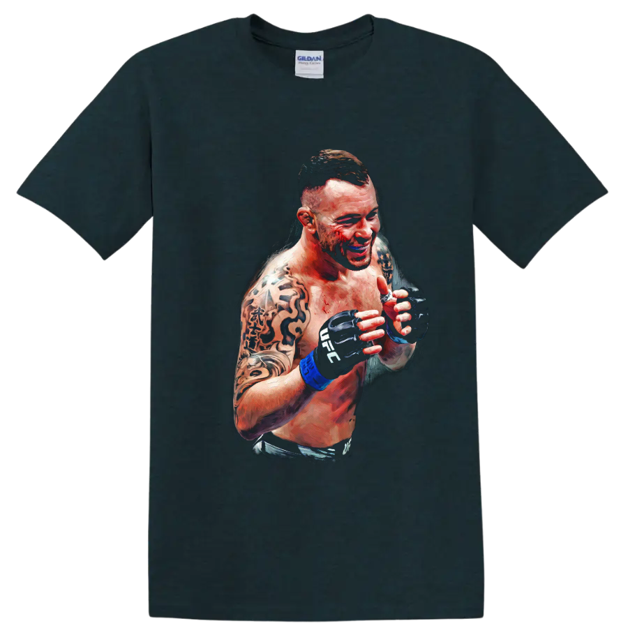 Dustin Poirier painterly MMA portrait with raised gloves and tattooed arms on a Midnight (Green) T Shirt