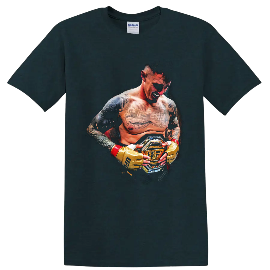 Charles Oliveira MMA fighter portrait holding championship belt in dramatic fan art on a Midnight (Green) T Shirt