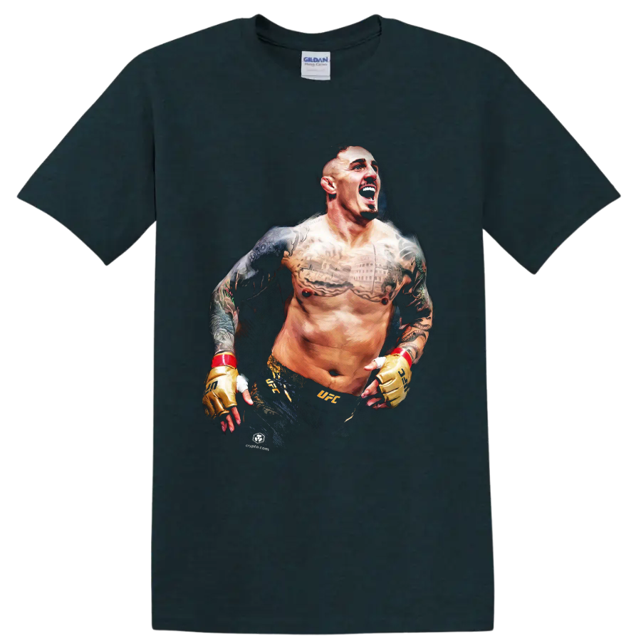 Charles Oliveira shouting in a painted MMA portrait with tattoos and gold gloves on a Midnight (Green) T Shirt