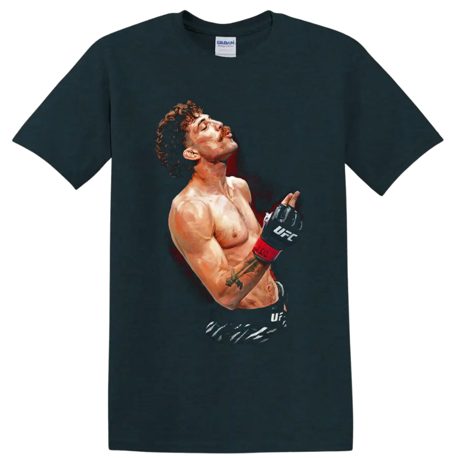 Quillan Salkilld painted MMA portrait with UFC gloves and red splatter backdrop on a Midnight (Green) T Shirt