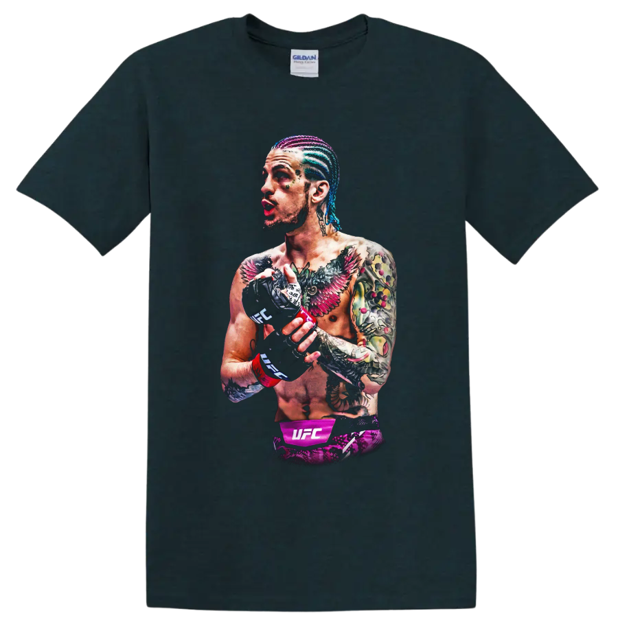 Sean O'Malley illustrated UFC fighter portrait with colorful braids, tattoos, and gloves on a Midnight (Green) T Shirt