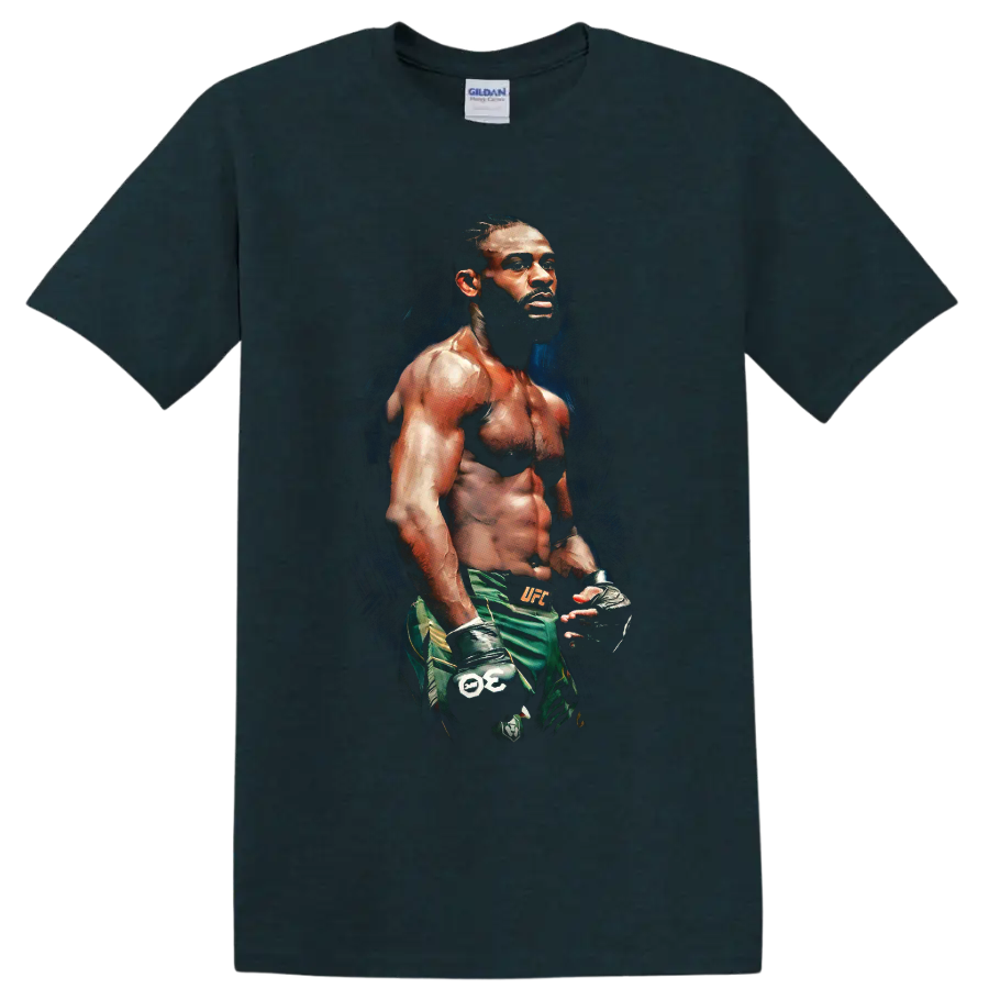 Aljamain Sterling painted MMA fighter portrait in gloves and green fight shorts on a Midnight (Green) T Shirt