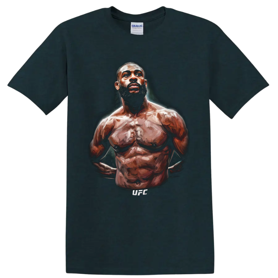 Aljamain Sterling painted UFC fighter portrait with dramatic brushwork on a Midnight (Green) T Shirt