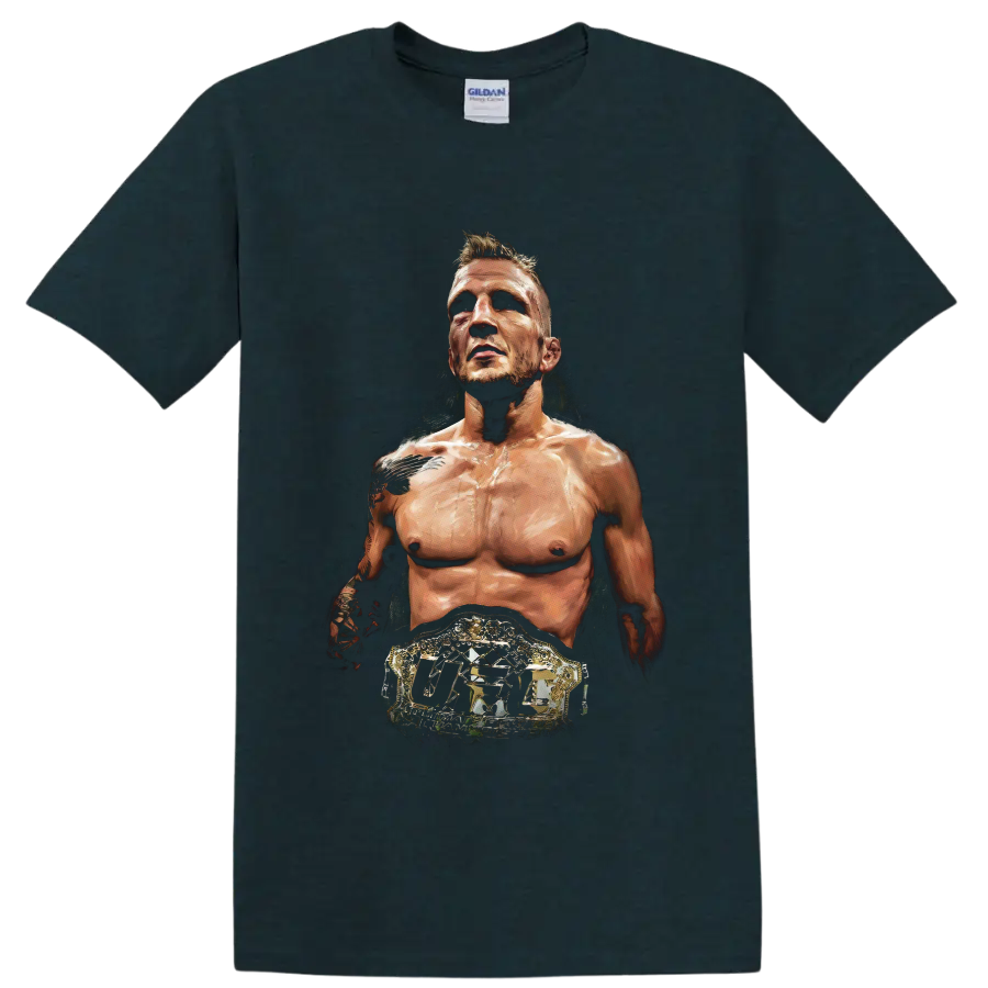 T.J. Dillashaw painterly MMA portrait wearing an ornate UFC championship belt on a Midnight (Green) T Shirt