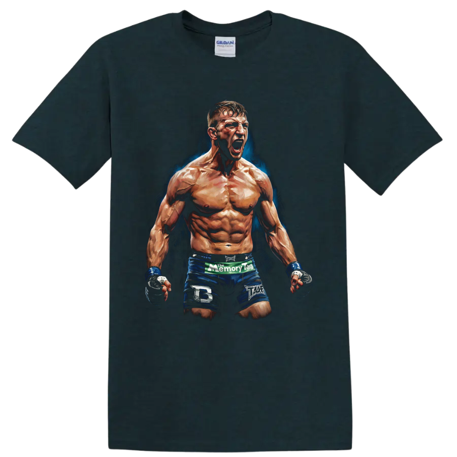 Ricky Hatton roaring fighter portrait with blue shorts and painted blue backdrop on a Midnight (Green) T Shirt