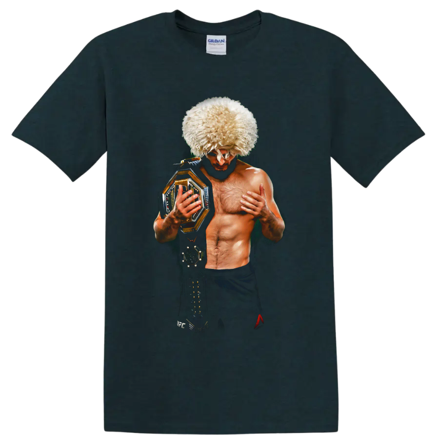 Khabib Nurmagomedov portrait in papakha hat holding a gold championship belt on a Midnight (Green) T Shirt