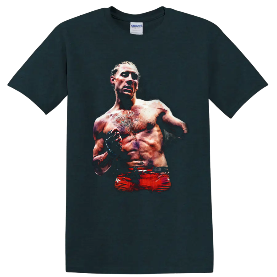 Paddy Pimblett MMA fighter portrait graphic with gloves and gritty dramatic lighting on a Midnight (Green) T Shirt