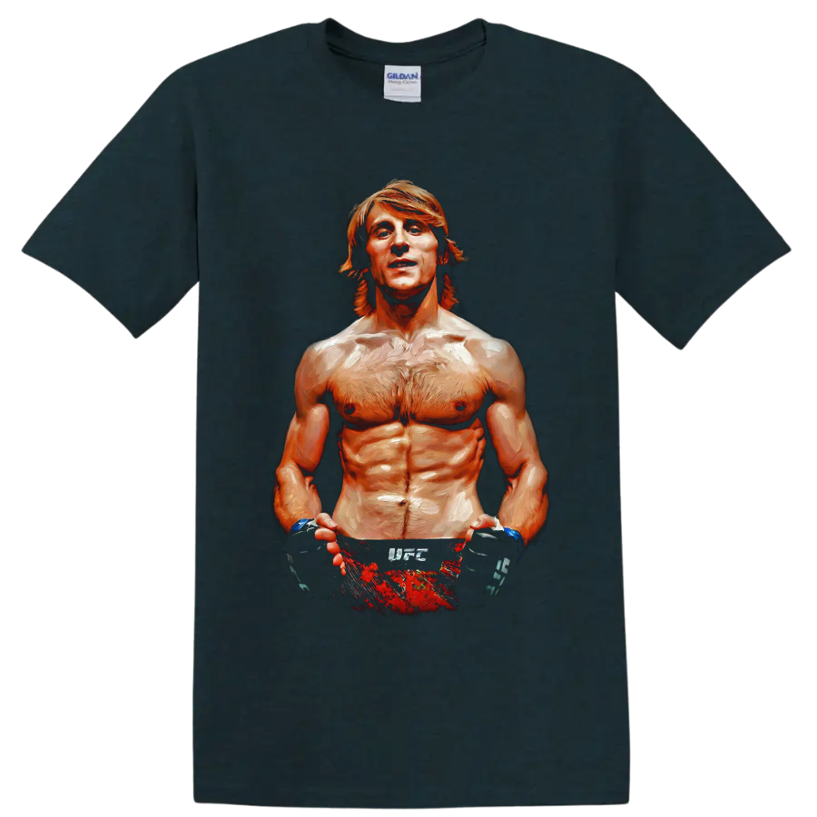 Paddy Pimblett painted portrait with MMA gloves and red fight shorts on a Midnight (Green) T Shirt