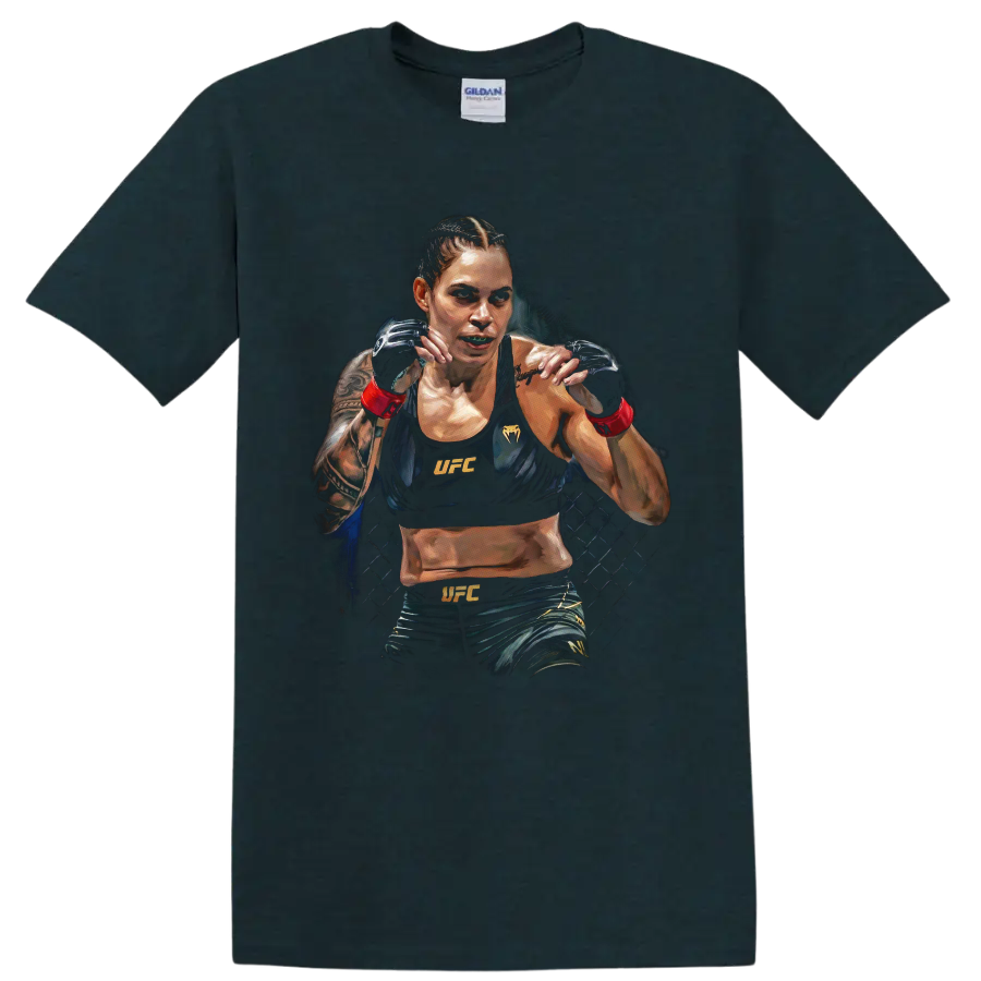 Amanda Nunes in a painted UFC guard stance with gloves, red wraps, and cage backdrop on a Midnight (Green) T Shirt