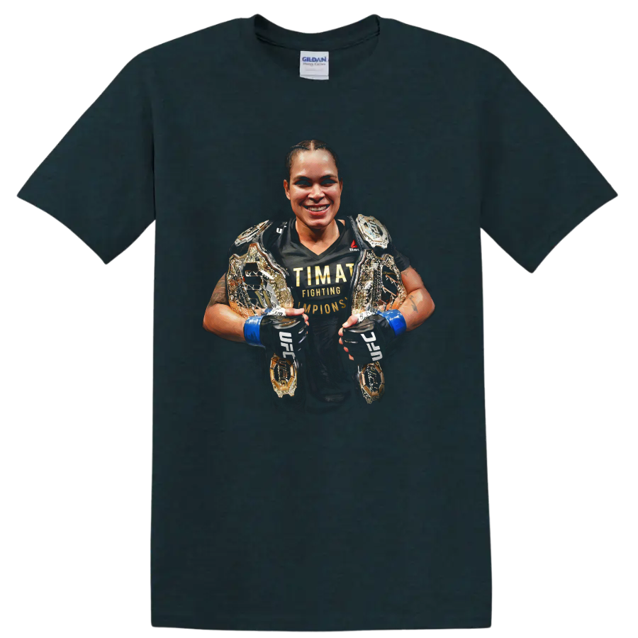 Amanda Nunes portrait with championship belts and blue MMA gloves on a Midnight (Green) T Shirt
