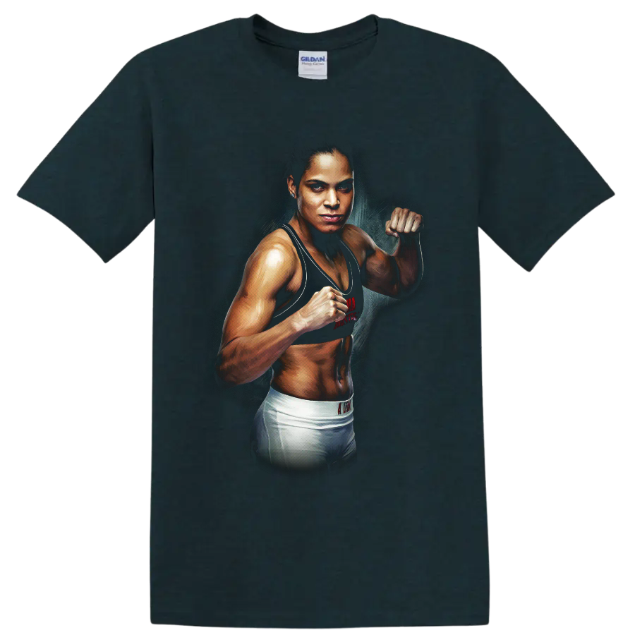 Amanda Nunes The Lioness MMA fighter portrait with raised fists in painted style on a Midnight (Green) T Shirt
