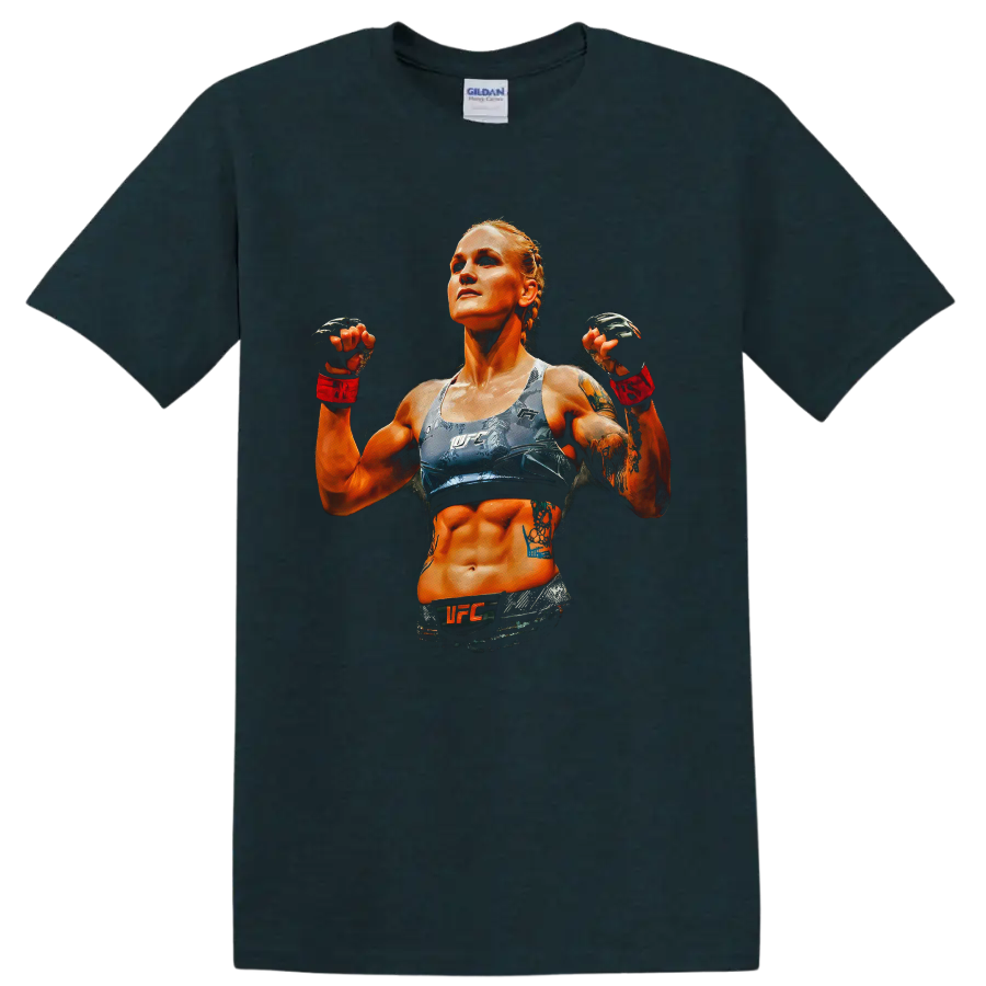 Valentina Shevchenko UFC fighter portrait in dramatic orange and blue graphic art on a Midnight (Green) T Shirt