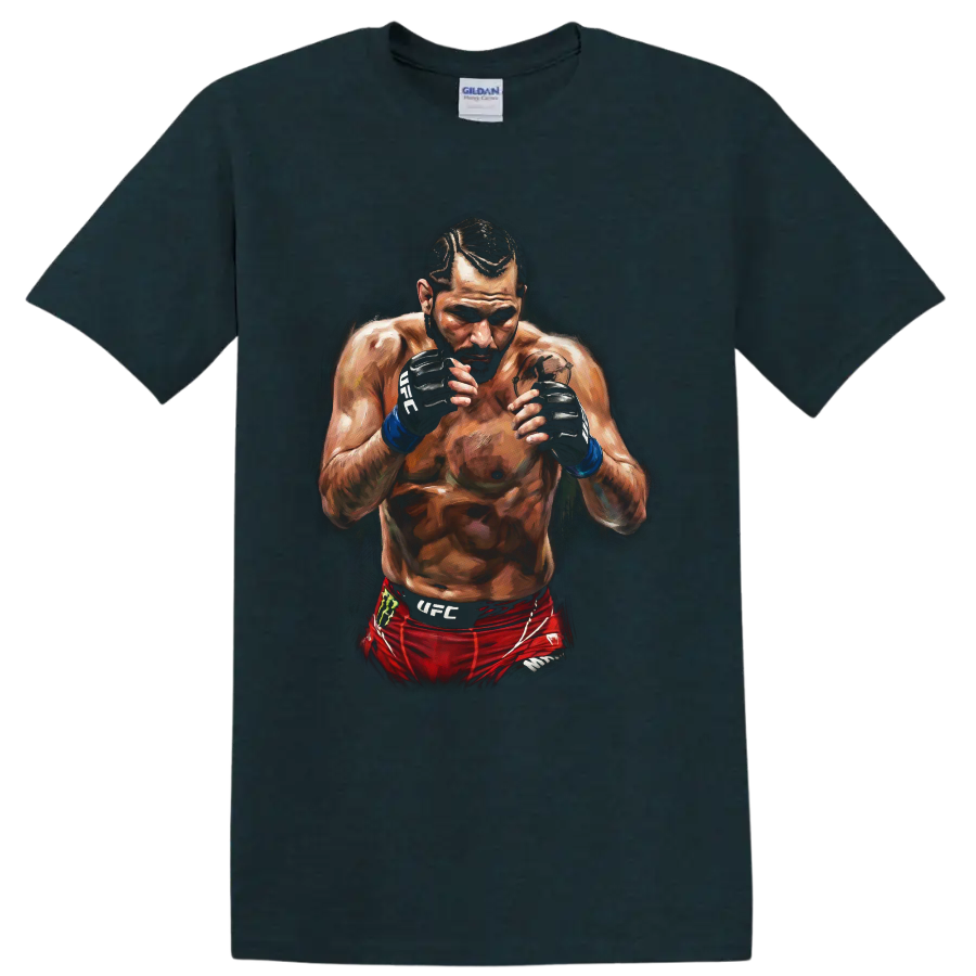 Jorge Masvidal Gamebred MMA fighter portrait in a dramatic painted fighting stance on a Midnight (Green) T Shirt