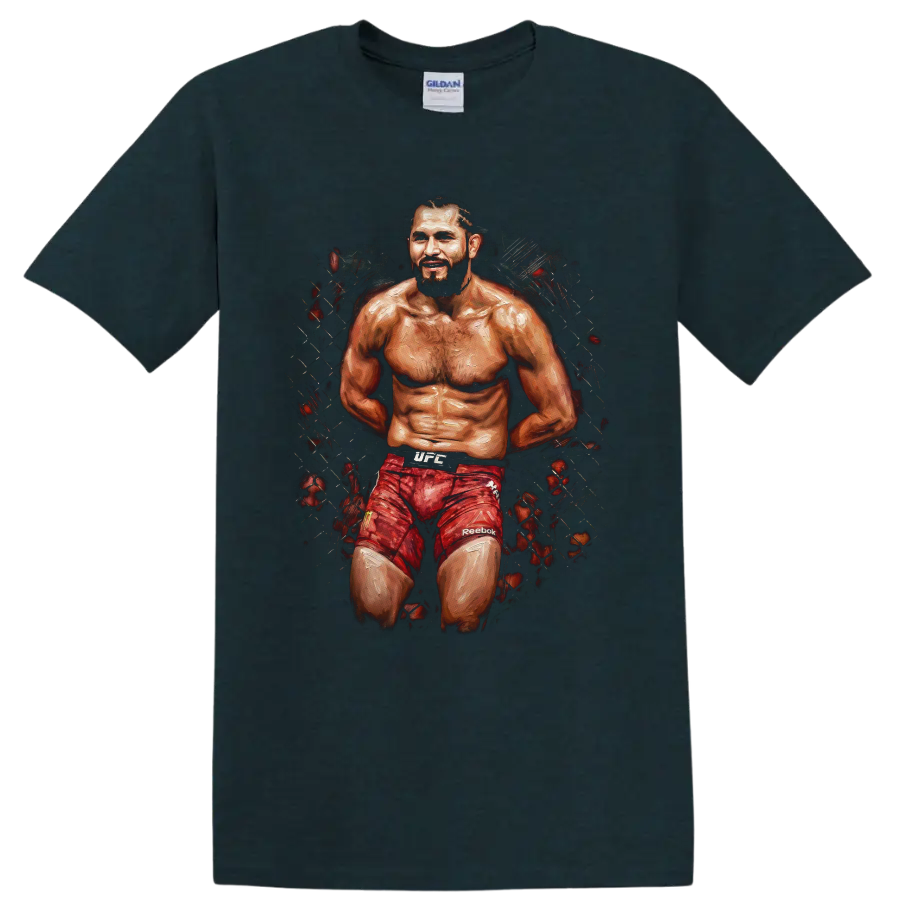 Jorge Masvidal Gamebred MMA fighter portrait in gritty painterly cage art on a Midnight (Green) T Shirt