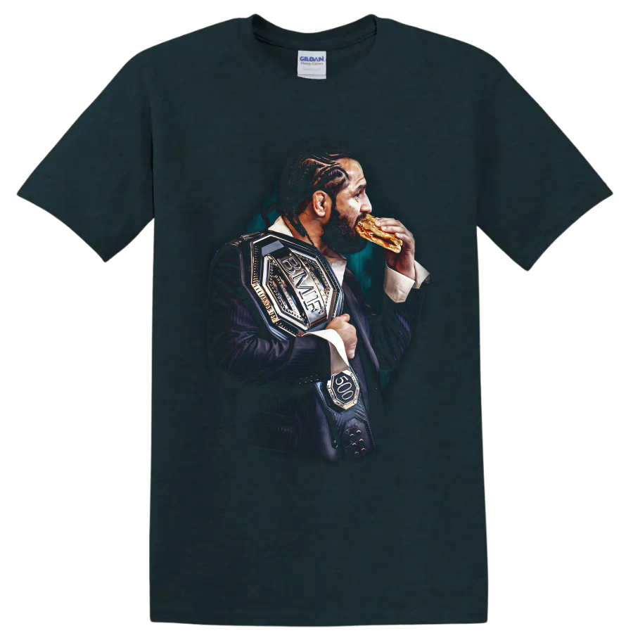 Jorge Masvidal portrait in a suit with BMF belt and sandwich on a Midnight (Green) T Shirt