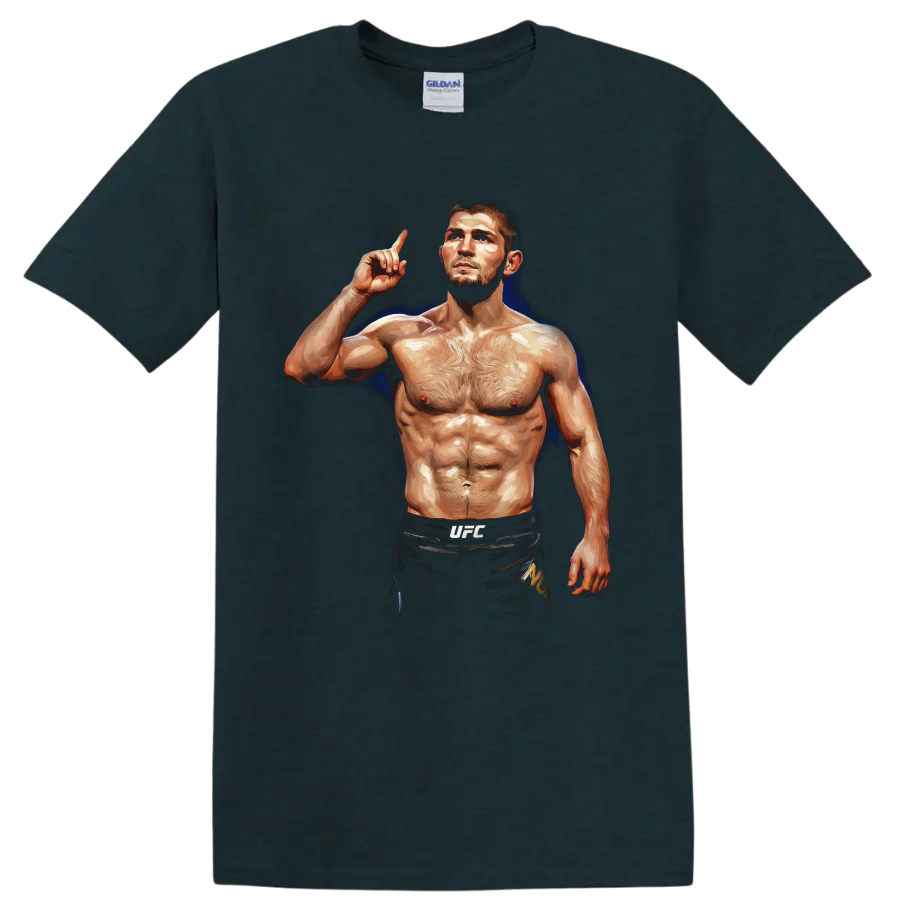 Khabib Nurmagomedov painterly MMA fighter portrait with raised finger and blue glow on a Midnight (Green) T Shirt