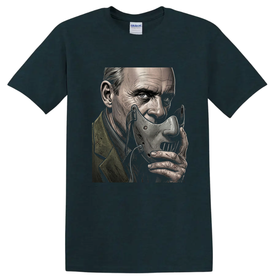 Hannibal Lecter wearing his signature mask in gothic halftone art on a Midnight (Green) T Shirt