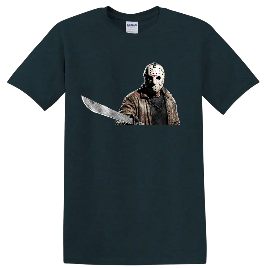 Jason Voorhees masked slasher holding a machete in gritty halftone art on a Midnight (Green) T Shirt