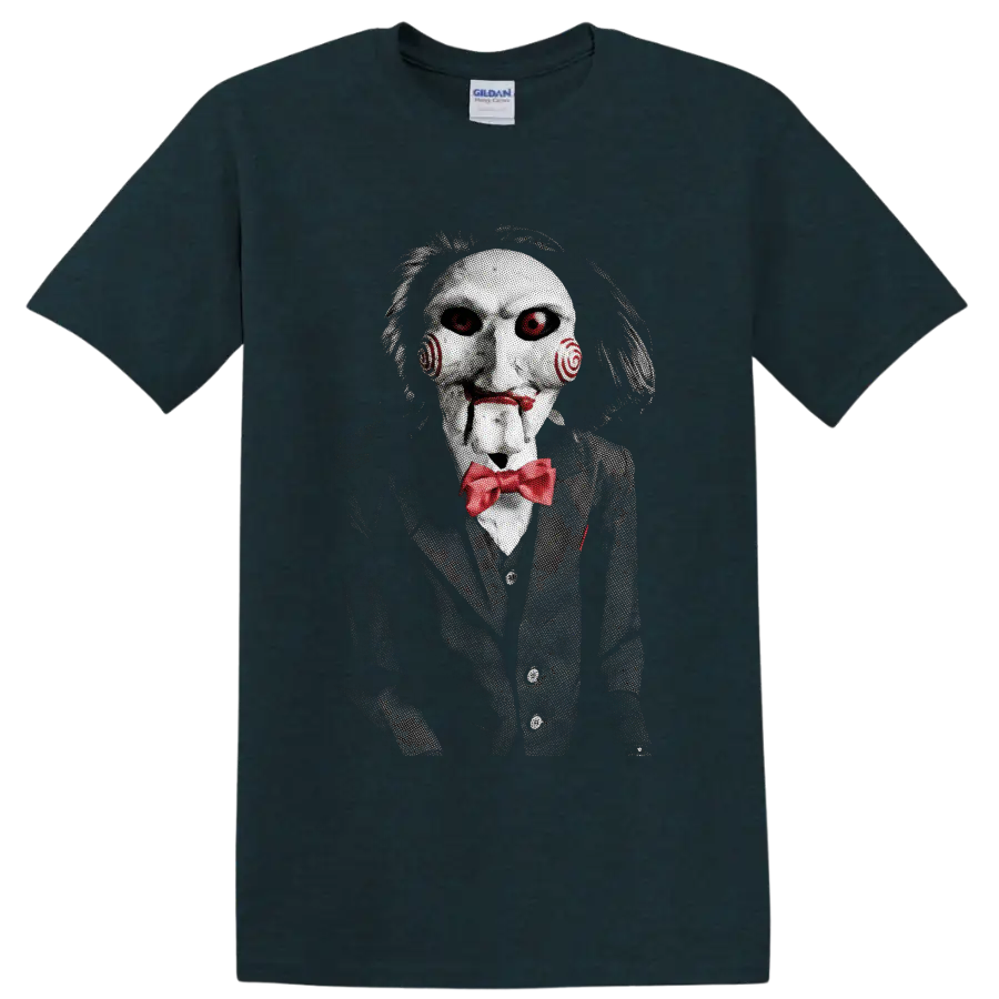 Billy the Puppet from Saw in a creepy horror graphic with red bow tie on a Midnight (Green) T Shirt