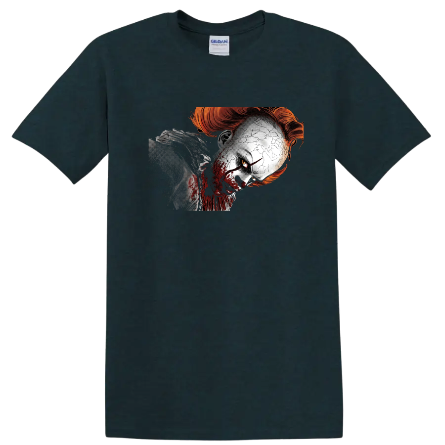 Pennywise from It distressed horror clown face graphic on a Midnight (Green) T Shirt