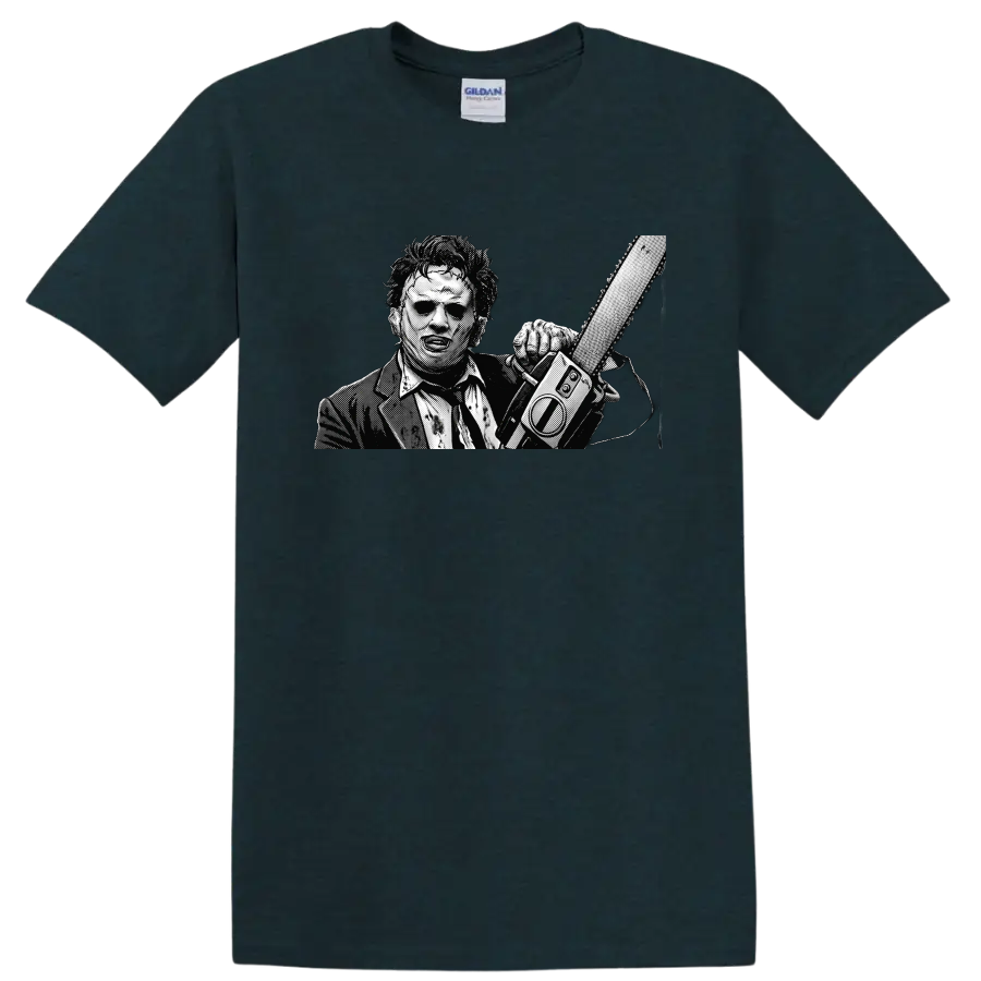 Leatherface holding a chainsaw in gritty black-and-white halftone art on a Midnight (Green) T Shirt