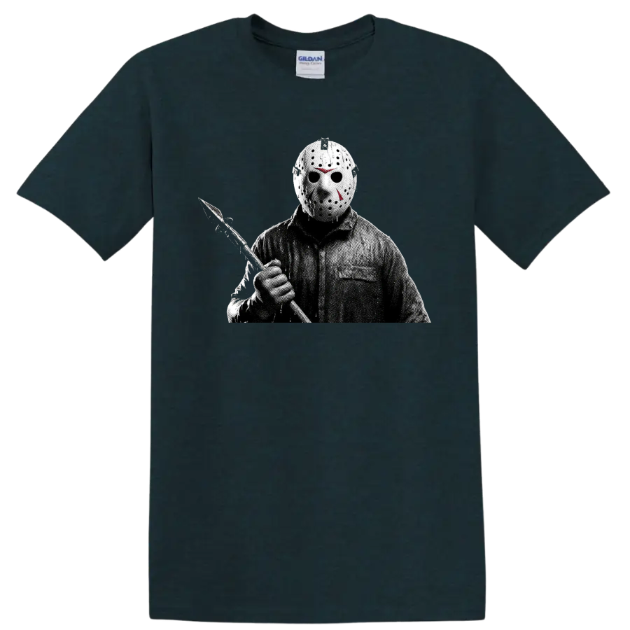 Jason Voorhees hockey mask and machete horror halftone graphic on a Midnight (Green) T Shirt