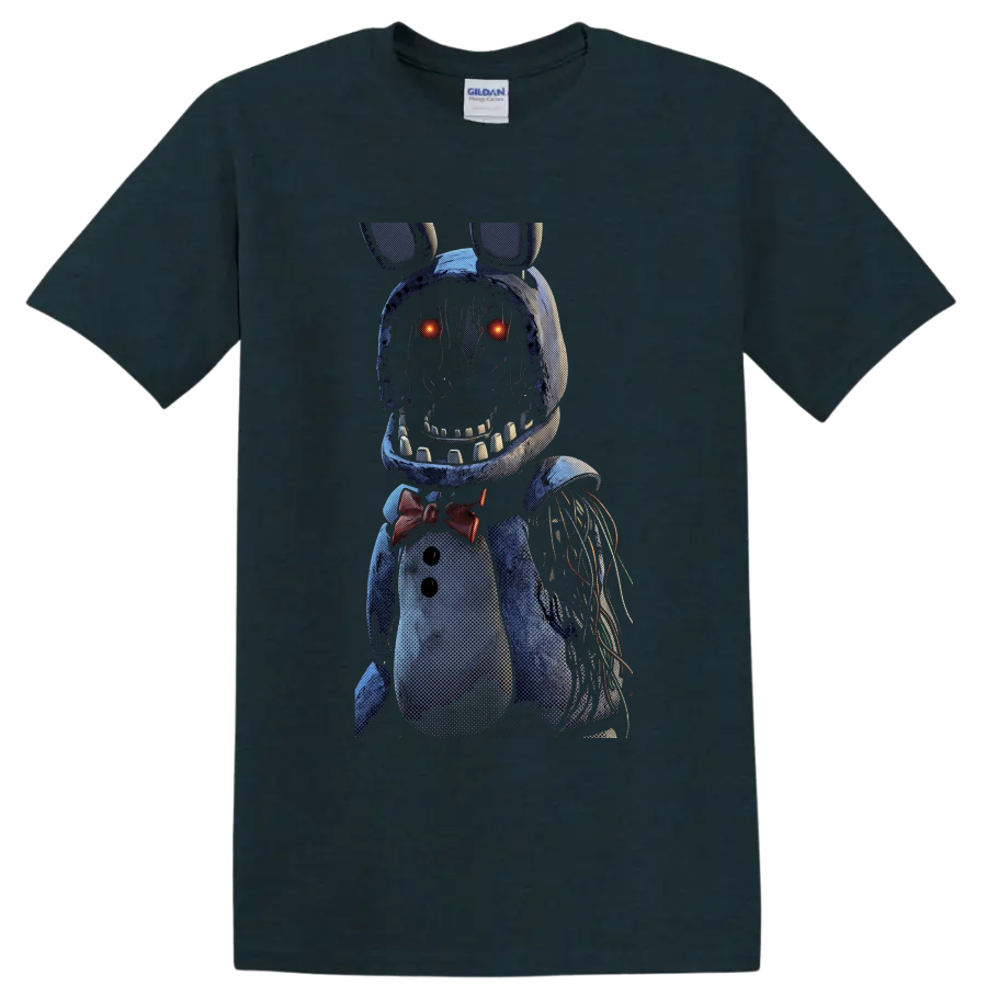 Withered Bonnie animatronic horror graphic with glowing eyes and exposed wires on a Midnight (Green) T Shirt