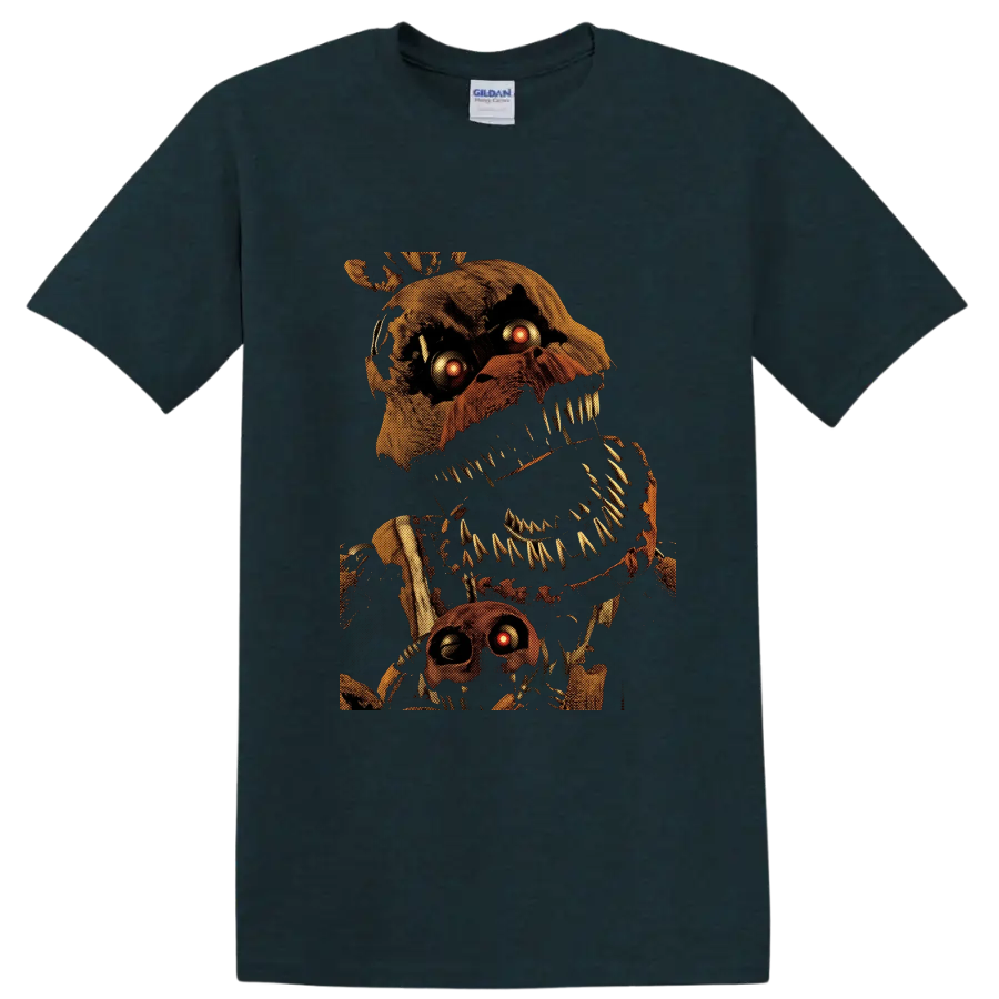 Nightmare Chica distressed animatronic horror graphic with glowing eyes on a Midnight (Green) T Shirt