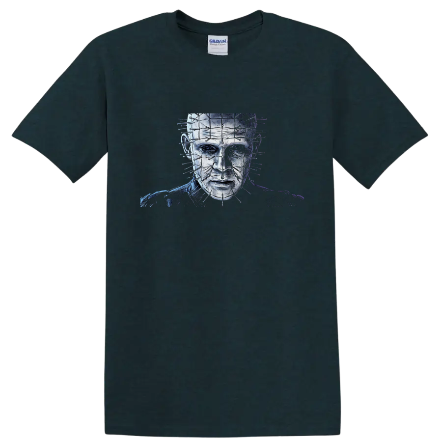 Pinhead Hellraiser gothic horror portrait with geometric pins on a Midnight (Green) T Shirt