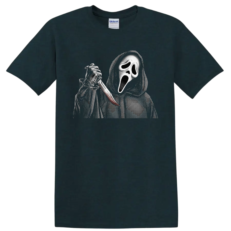 Ghostface from Scream in a hood holding a knife, vintage halftone horror art on a Midnight (Green) T Shirt