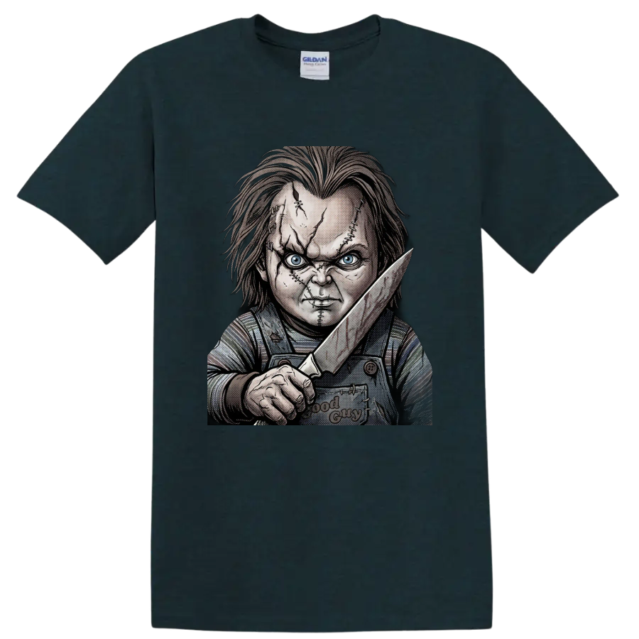 Chucky Child's Play 2 stitched face knife horror graphic on a Midnight (Green) T Shirt
