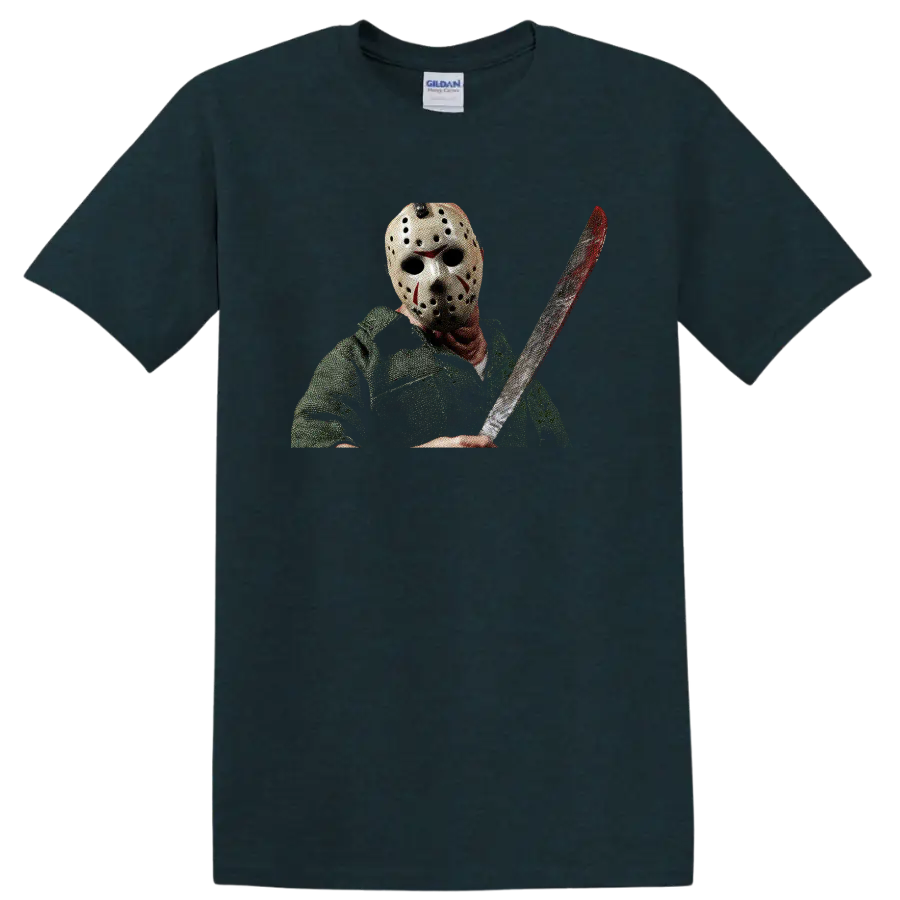 Jason Voorhees masked with machete, distressed horror graphic on a Midnight (Green) T Shirt
