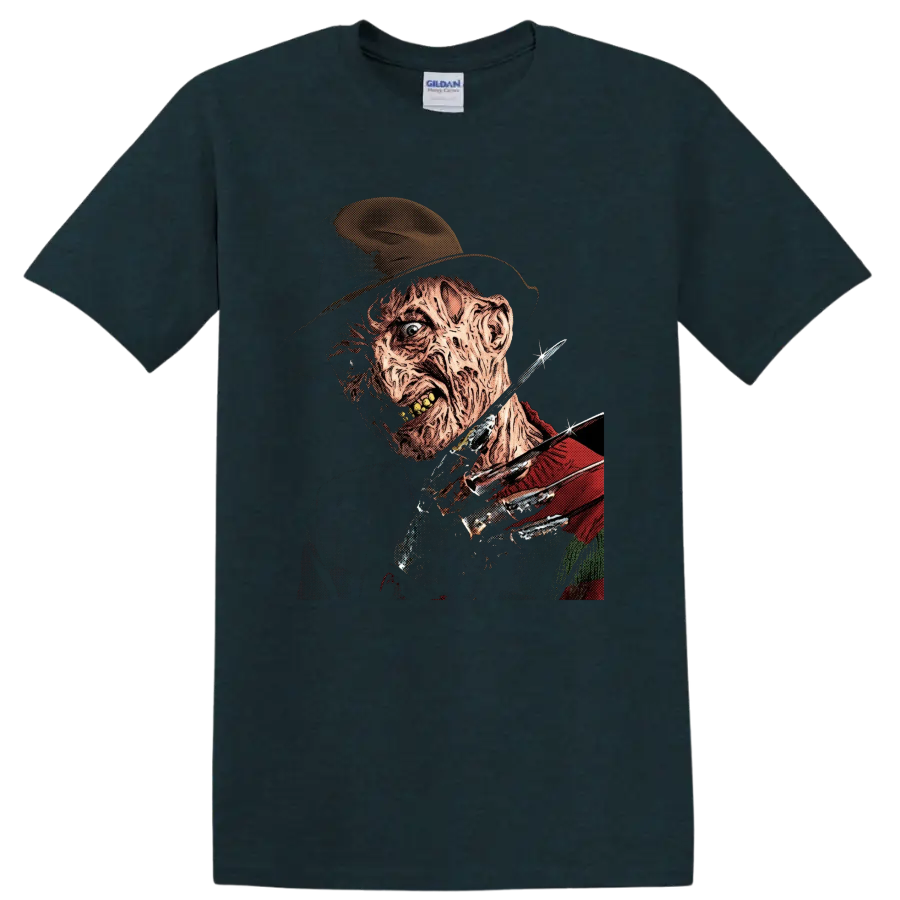 Freddy Krueger vintage horror portrait with bladed glove on a Midnight (Green) T Shirt
