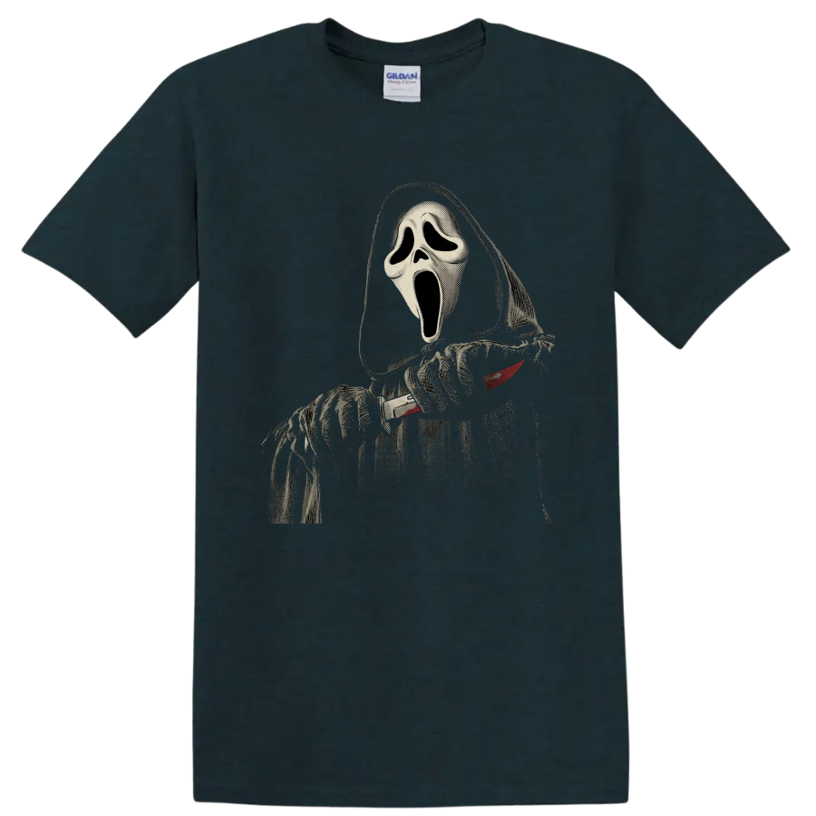 Distressed Ghostface Scream horror mask graphic on a Midnight (Green) T Shirt