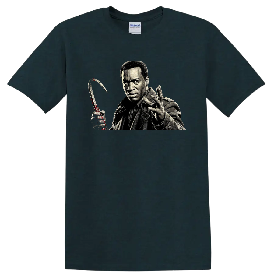 Candyman horror character portrait with curved hook graphic on a Midnight (Green) T Shirt