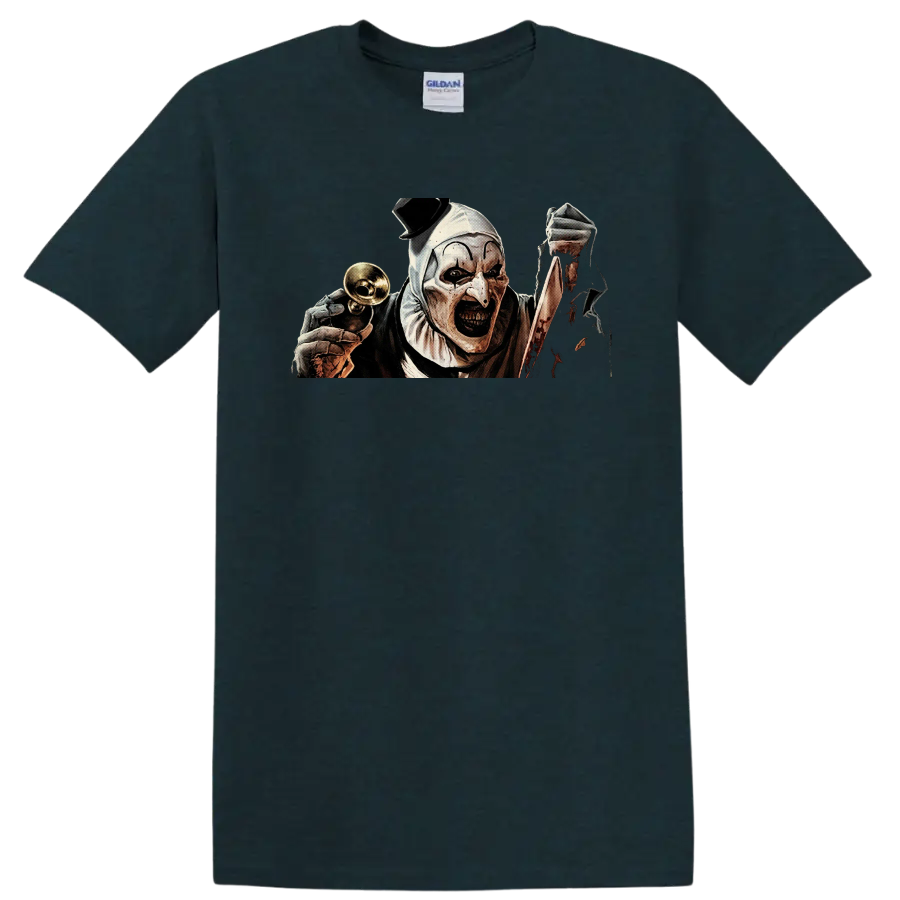 Art the Clown Terrifier horror illustration with bell and bloody knife on a Midnight (Green) T Shirt