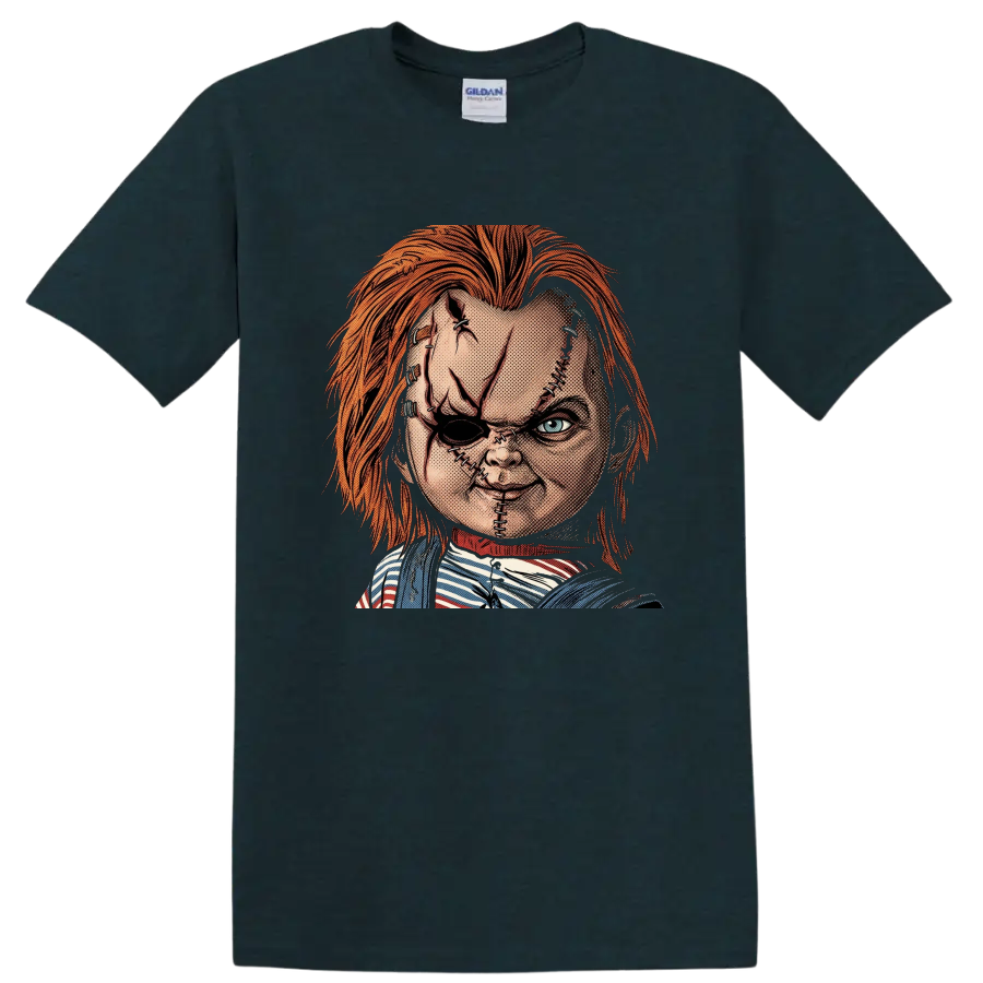 Chucky Child's Play 2 stitched killer doll vintage comic-style portrait on a Midnight (Green) T Shirt