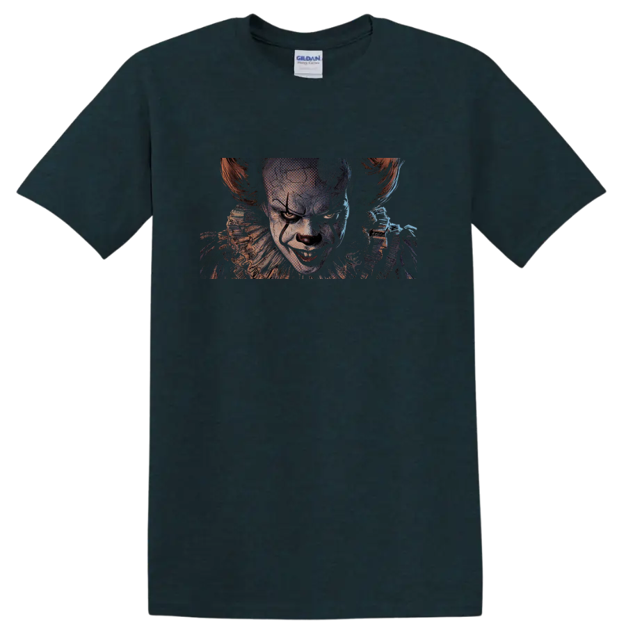 Pennywise from It sinister clown portrait graphic print on a Midnight (Green) T Shirt
